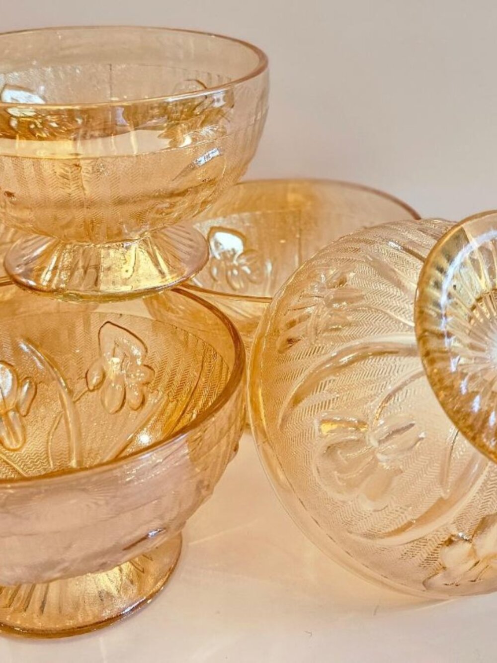 (5) VTG Jeanette glass, Iris/Herringbone pattern, footed sherbet bowl, marigold